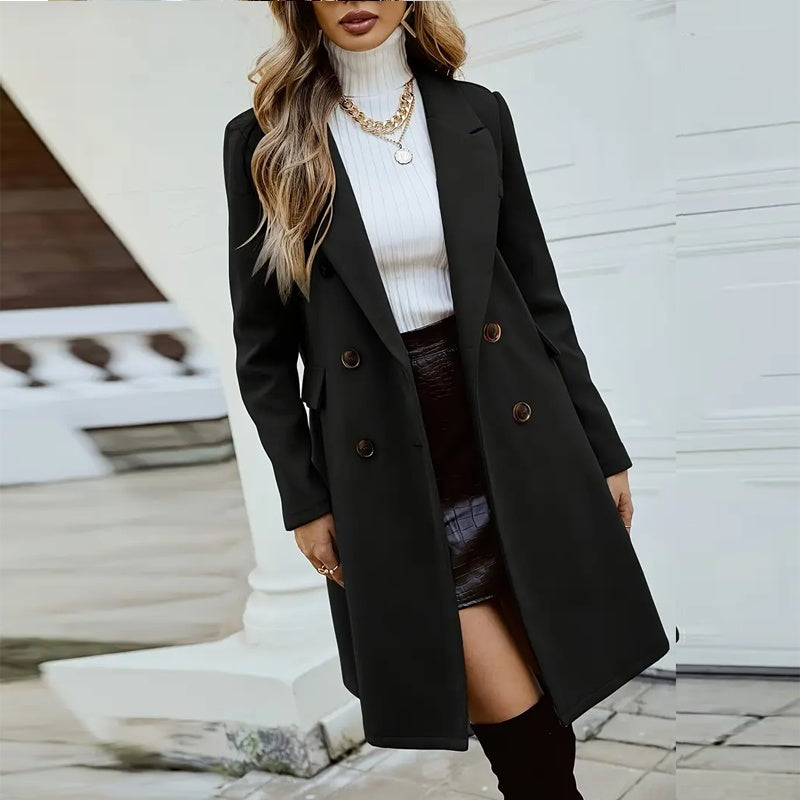Wool-Like Coat Notch Lapel Long Sleeve Mid-Length Overcoat