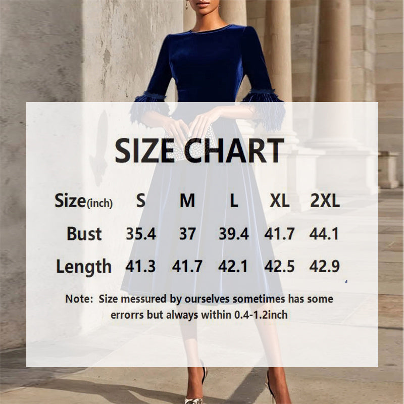 Velvet Feather Sleeve Dress, Round Neck
