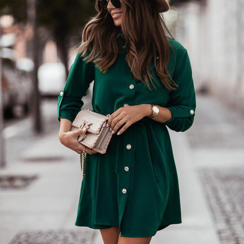 Long Sleeve Button-Down Tunic With Tie-Waist