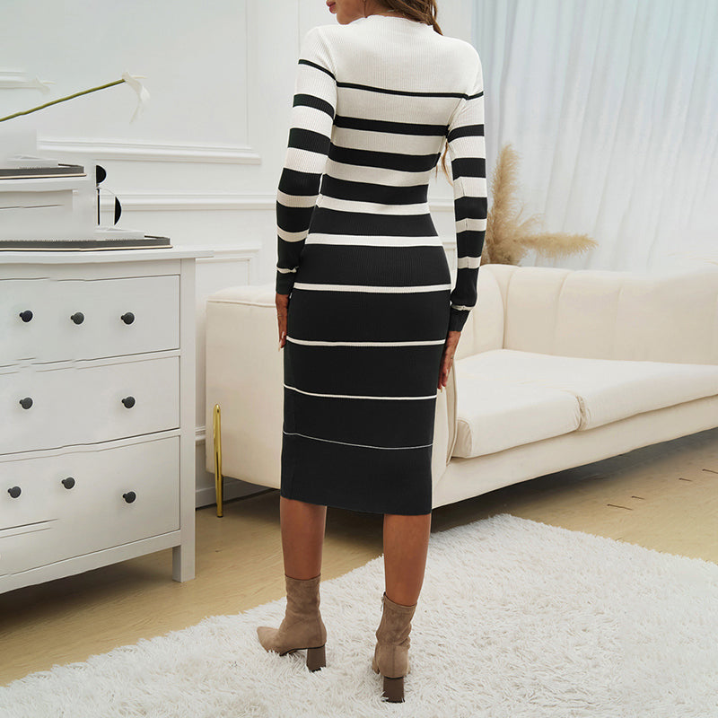 Long Sleeve Bodycon Round Neck Ribbed Striped Midi Dress
