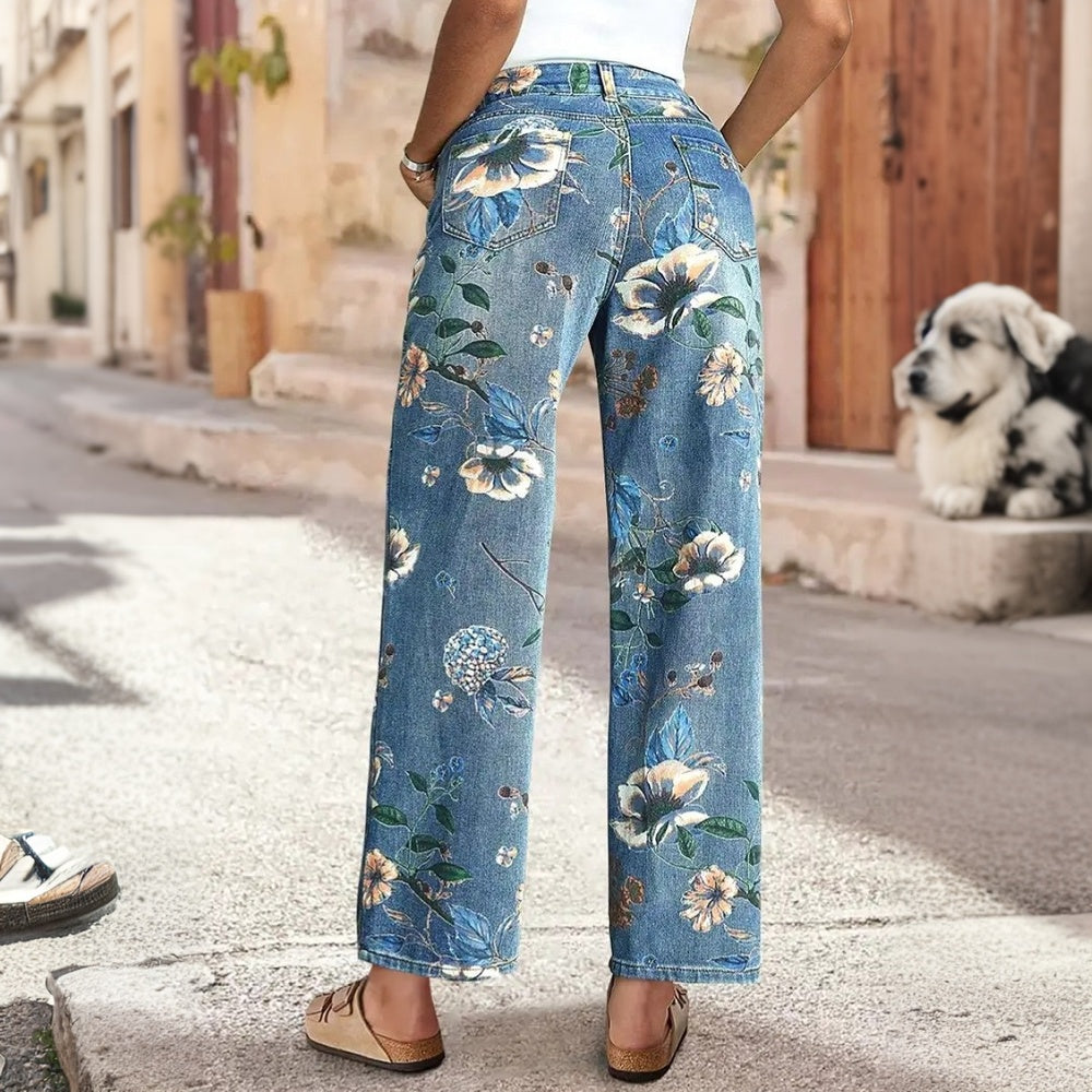 Boho Floral Print Wide Leg Jeans