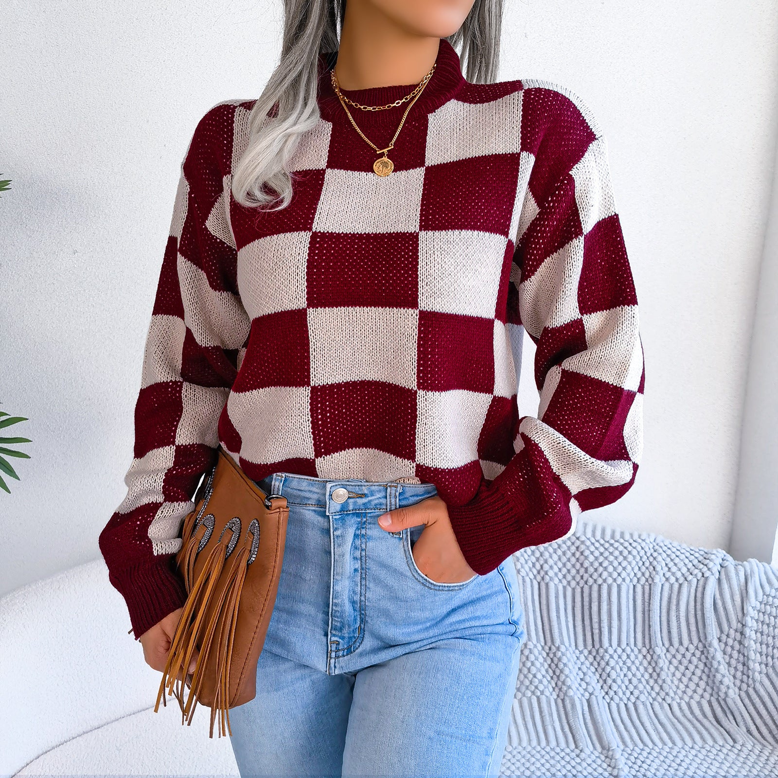 Checkered Crewneck Loose Pullover Top