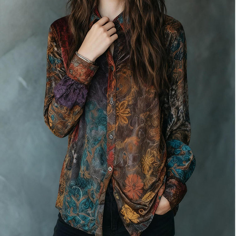 Retro Boho Floral Button Down Long Sleeve Blouse