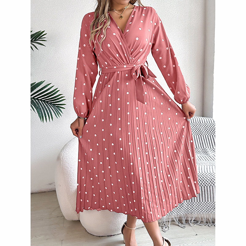 Polka Dot Maxi Dress - V-Neck Long Sleeve With Belt & Pleats