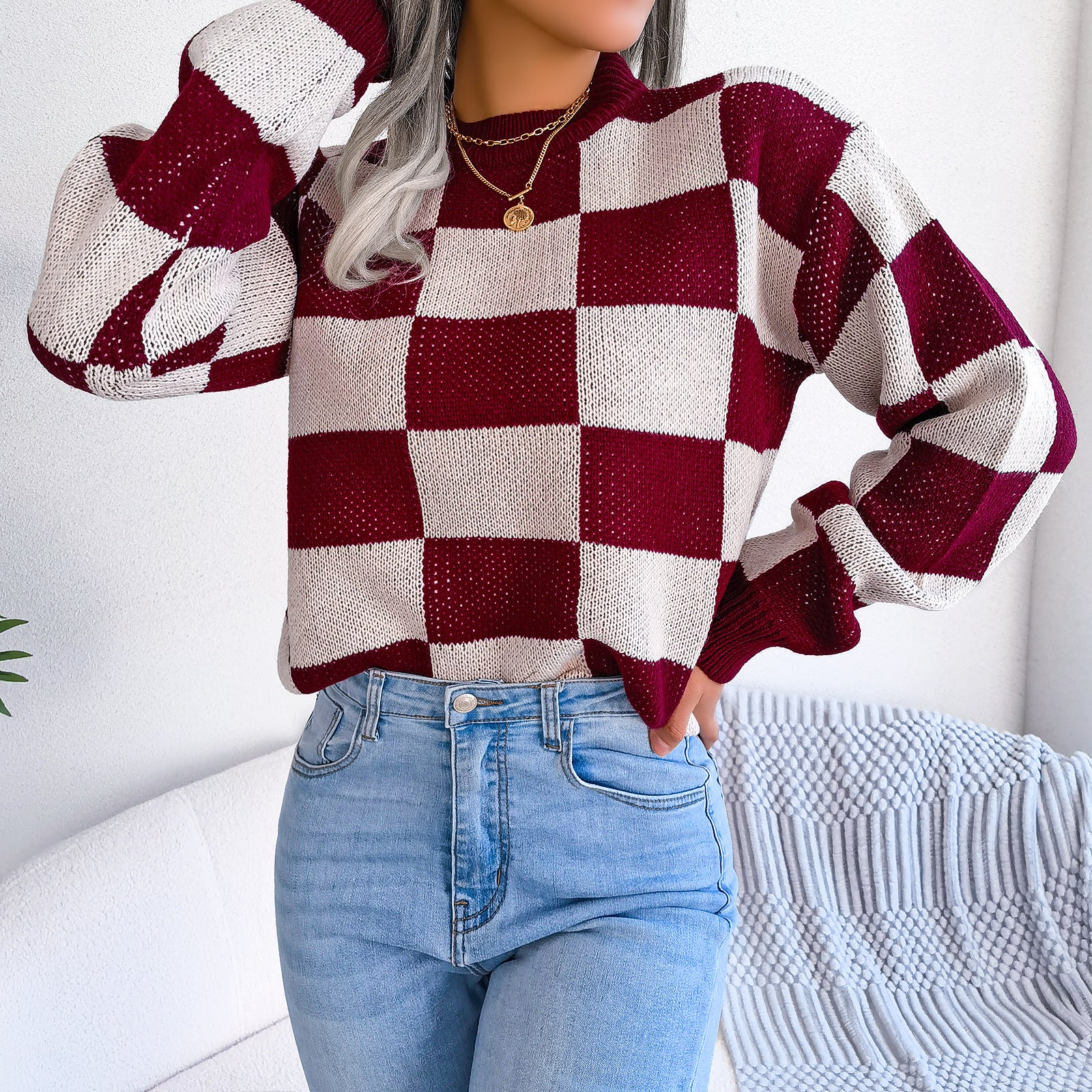 Checkered Crewneck Loose Pullover Top