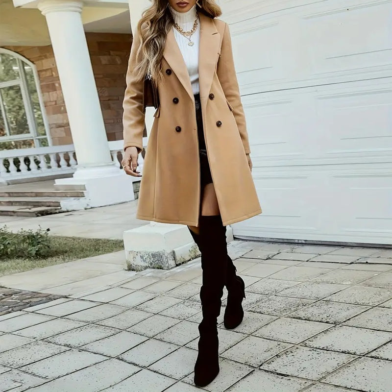 Wool-Like Coat Notch Lapel Long Sleeve Mid-Length Overcoat