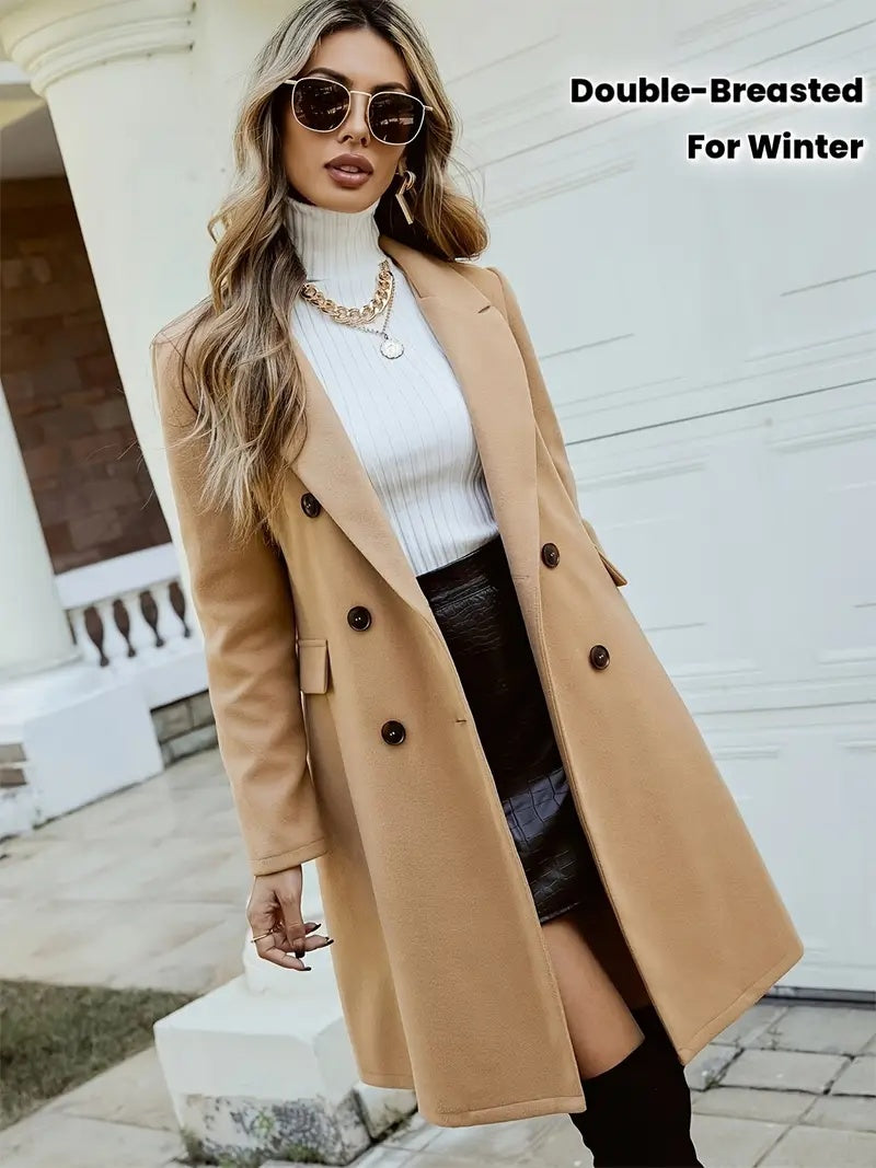 Wool-Like Coat Notch Lapel Long Sleeve Mid-Length Overcoat