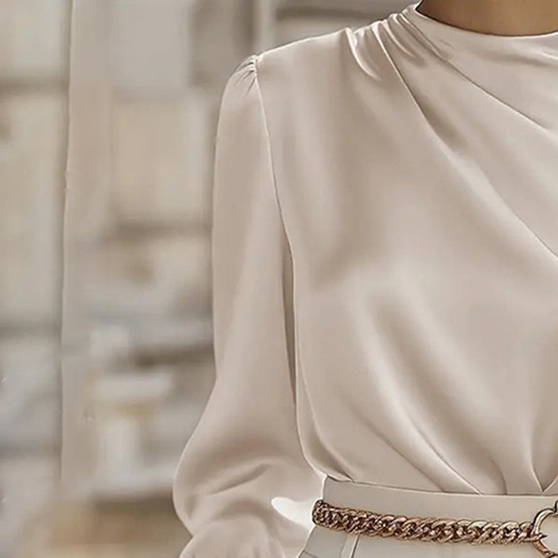 Pleated Long Sleeve Blouse, Round Neck