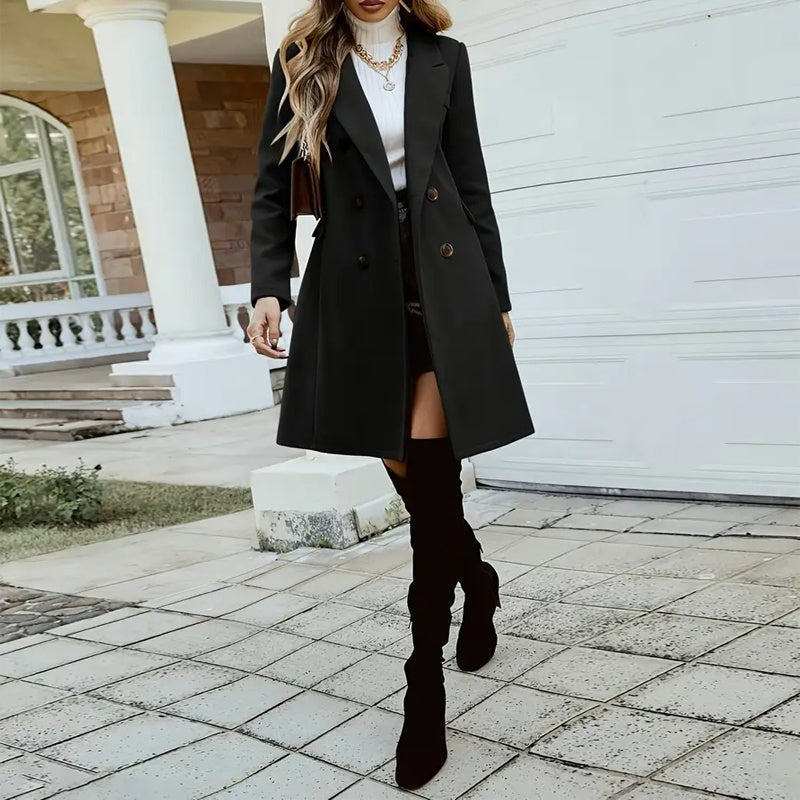 Wool-Like Coat Notch Lapel Long Sleeve Mid-Length Overcoat