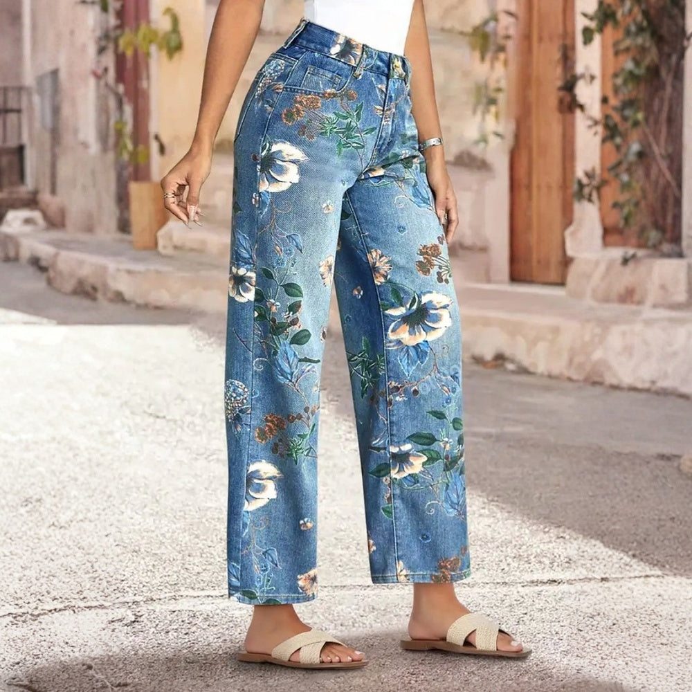 Boho Floral Print Wide Leg Jeans