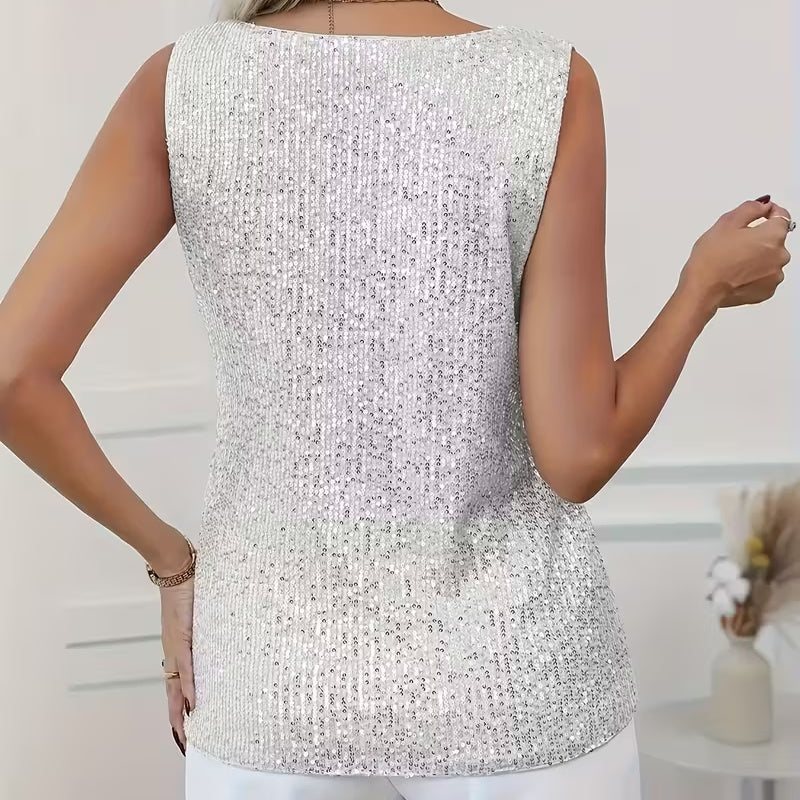 Sleeveless Top, V-Neck Sparkling Party Blouse