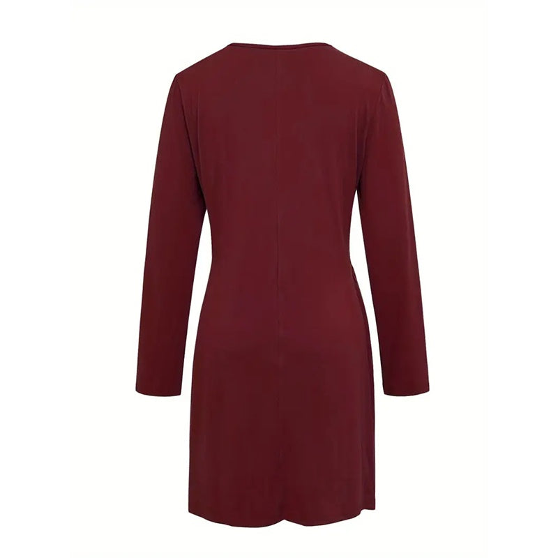 Elegant A-Line Dress With Pleated Detail, Solid Color Round Neck Office To Party Midi Dress