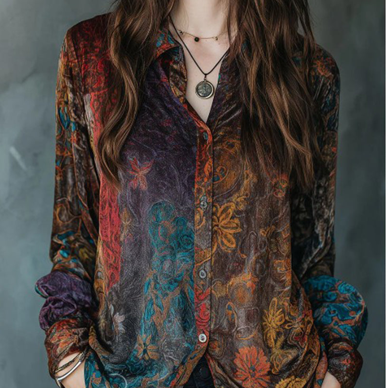 Retro Boho Floral Button Down Long Sleeve Blouse