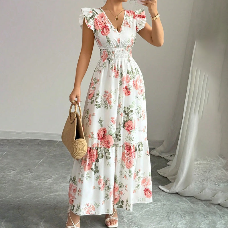 V Neck Smocked A Line Flowy Maxi