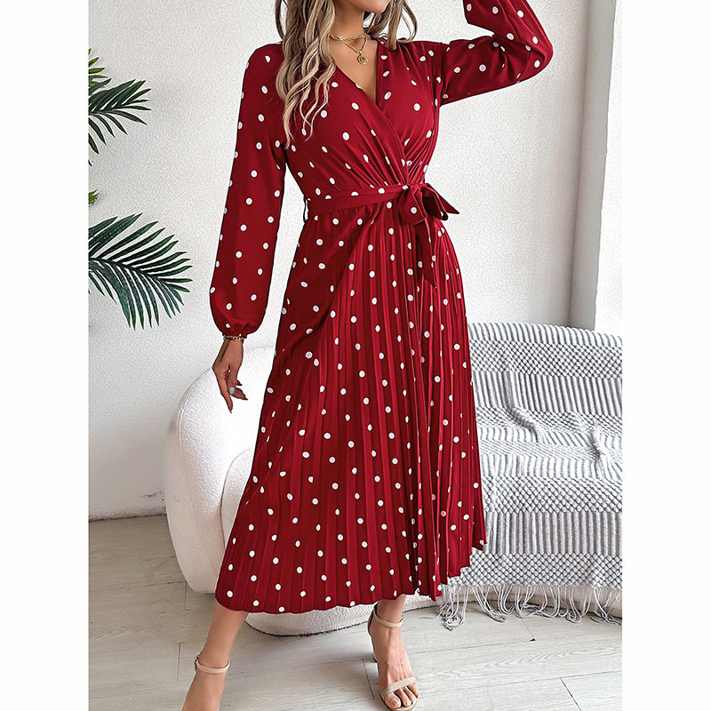 Polka Dot Maxi Dress - V-Neck Long Sleeve With Belt & Pleats