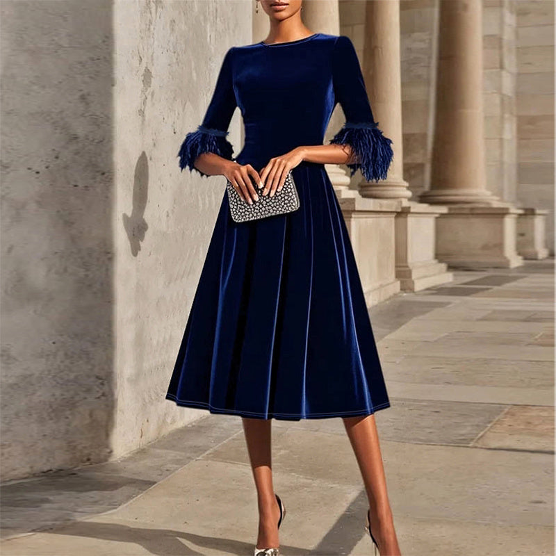 Velvet Feather Sleeve Dress, Round Neck