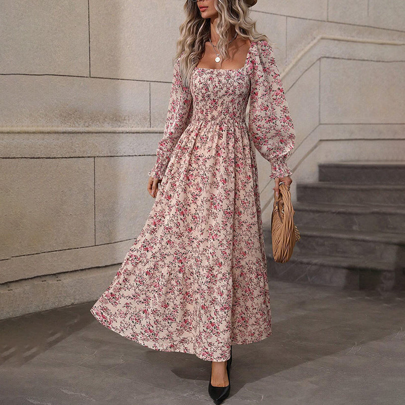 Square Neck Floral Dress Puff Sleeve Backless Maxi