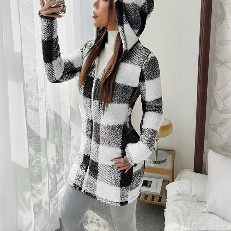 Long Sleeve Plaid Long Hooded Sherpa Coat, Soft Fleece Lined Jacket