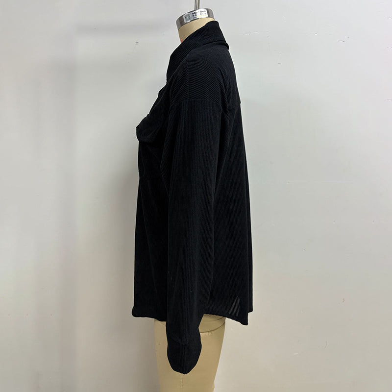 Corduroy Shirt Jacket, Lapel Long Sleeve Button-Down Coat