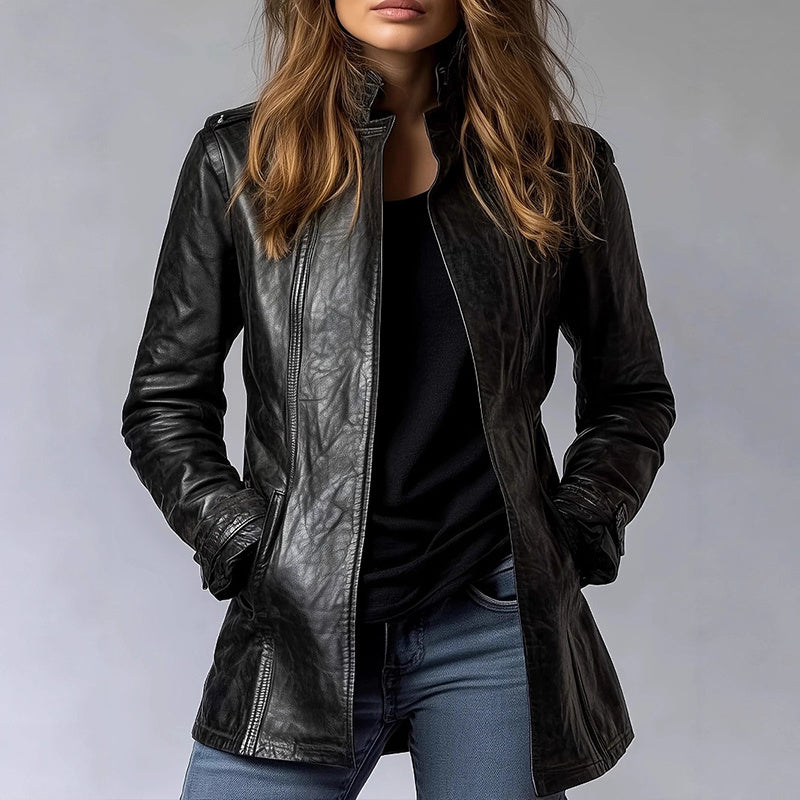 Mid-Length Open Cardigan Leather Coat