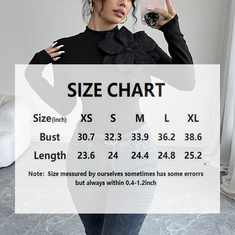Elegant Solid Color Knit Top, 3D Floral Rhinestone Decor High Neck Long Sleeve Blouse