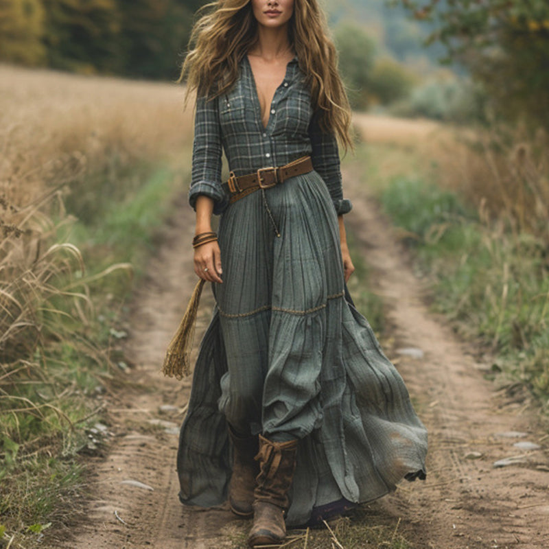 Striped Maxi Dress, Lapel Collar Button Front Long Sleeve