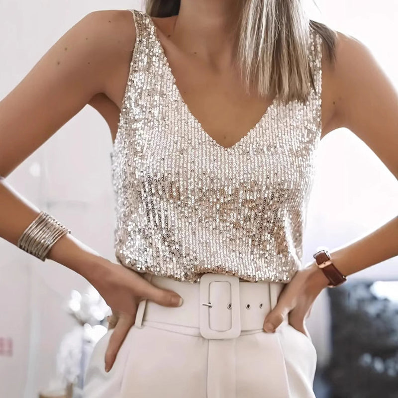 Sleeveless Top, V-Neck Sparkling Party Blouse