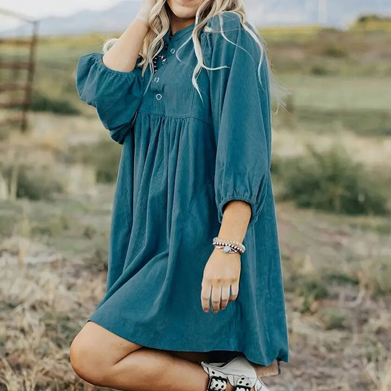 Corduroy Empire Waist, Button Up 3 4 Sleeve Mini Dress