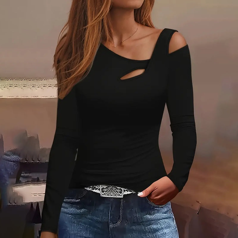 Cut Out Off Shoulder Top Long Sleeve Plain Tee