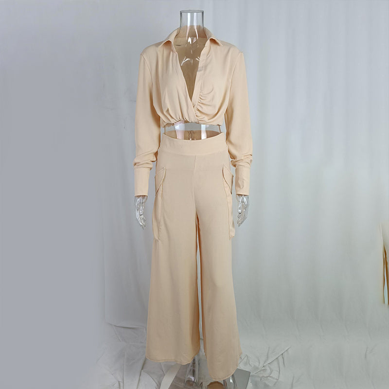 Plus Size Crisscross Top & Wide Leg Pants With Pockets