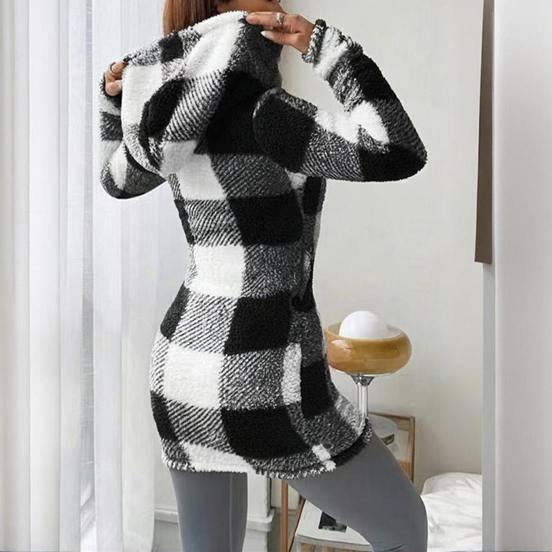 Long Sleeve Plaid Long Hooded Sherpa Coat, Soft Fleece Lined Jacket