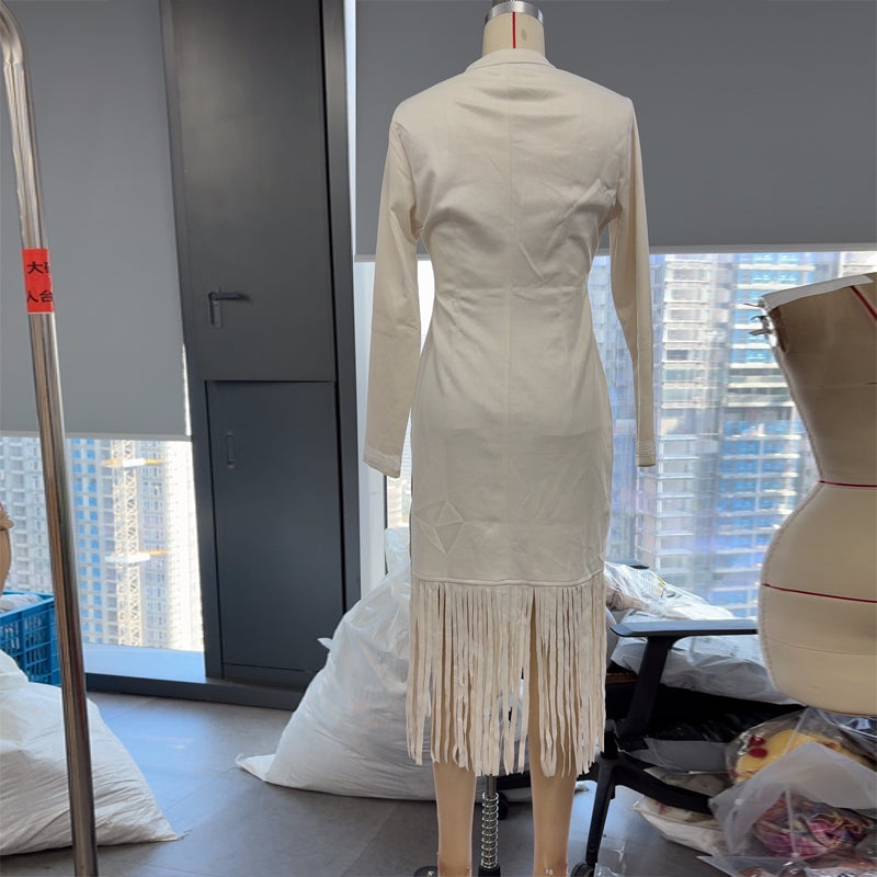 Solid Color Fringe Zip-Front Bodycon Dress, Bohemian Stand Collar Midi Dress With Side Slit
