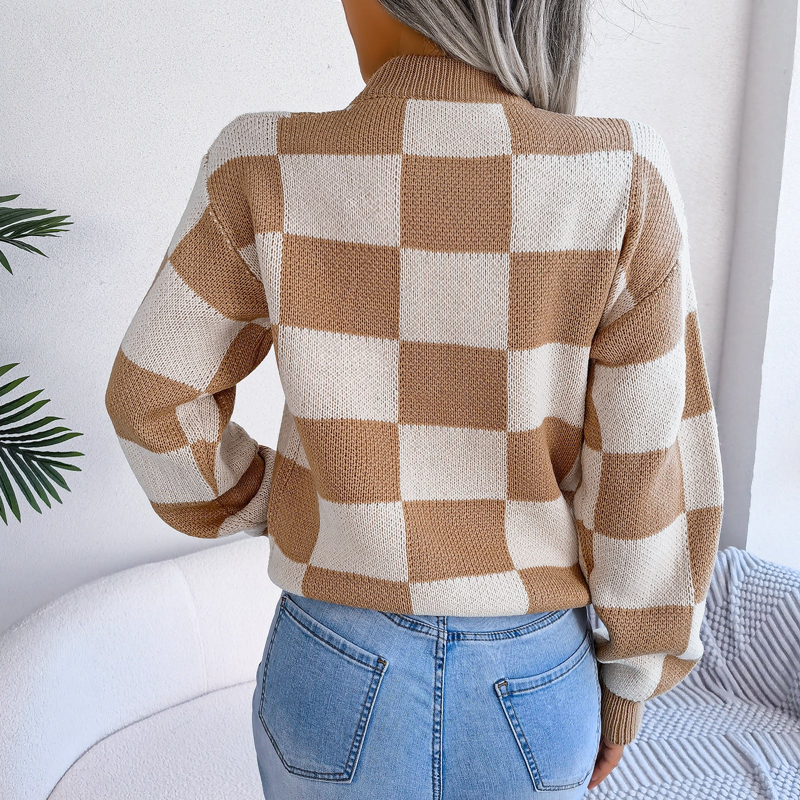 Checkered Crewneck Loose Pullover Top