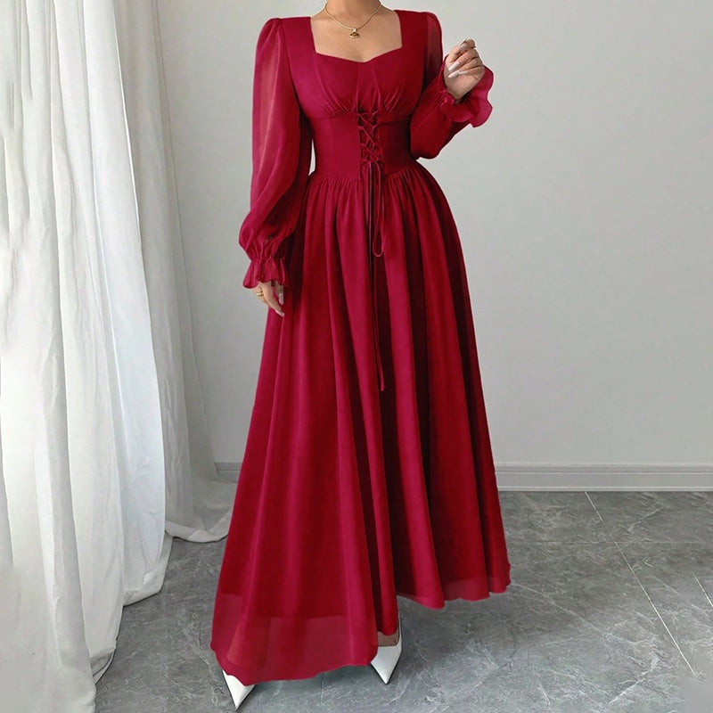 Square Neck Long Sleeve A-Line Maxi