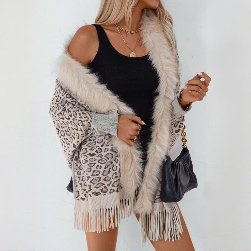 Leopard Poncho With Faux Fur Collar
