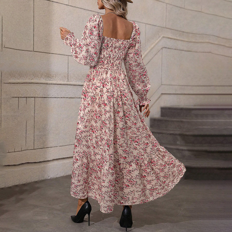 Square Neck Floral Dress Puff Sleeve Backless Maxi