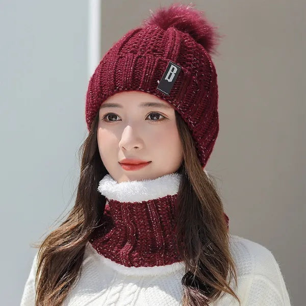 Winter Beanie Hat Scarf Set Knitting Skull Cap