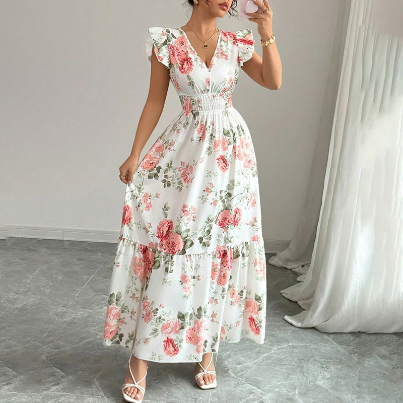 V Neck Smocked A Line Flowy Maxi