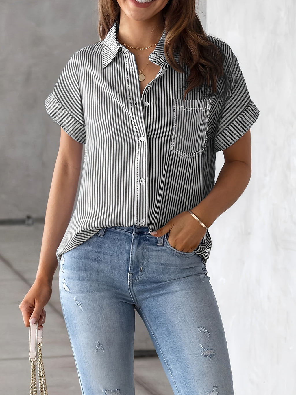 Vertical Striped Button Front Shirt
