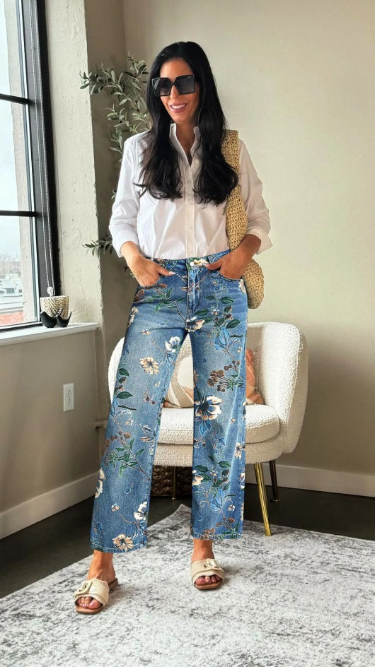 Boho Floral Print Wide Leg Jeans