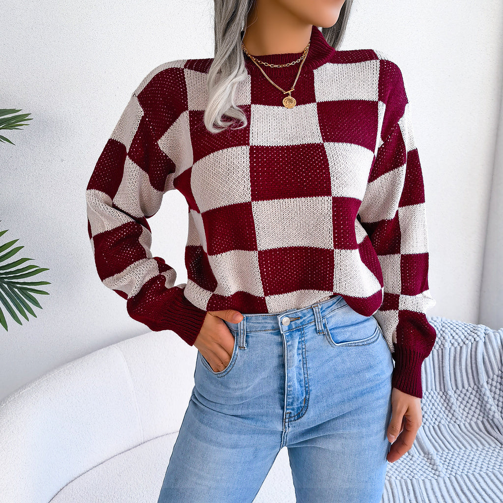 Checkered Crewneck Loose Pullover Top