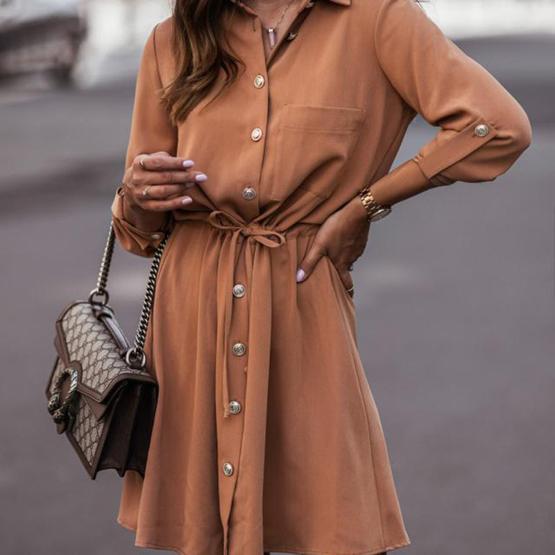 Long Sleeve Button-Down Tunic With Tie-Waist