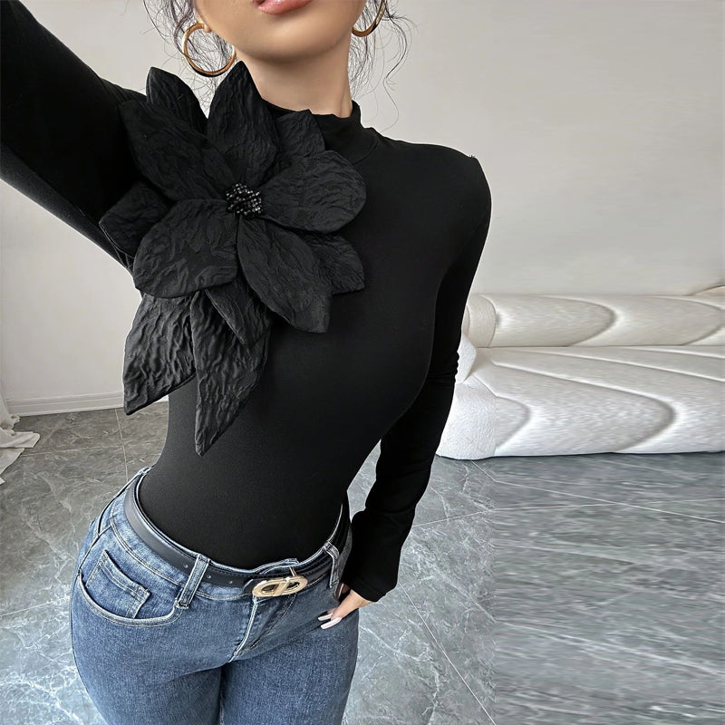 Elegant Solid Color Knit Top, 3D Floral Rhinestone Decor High Neck Long Sleeve Blouse