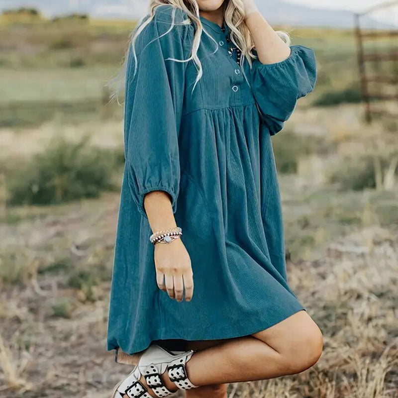 Corduroy Empire Waist, Button Up 3 4 Sleeve Mini Dress