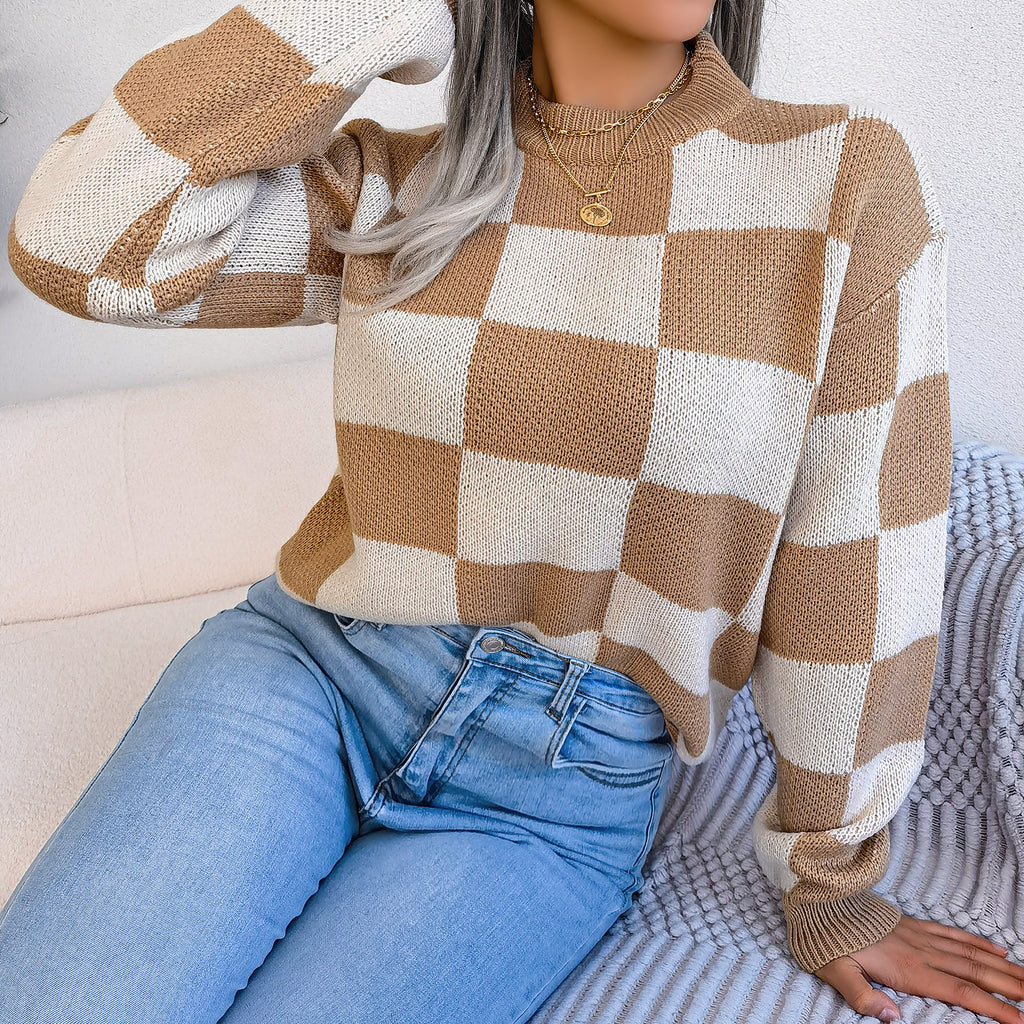 Checkered Crewneck Loose Pullover Top