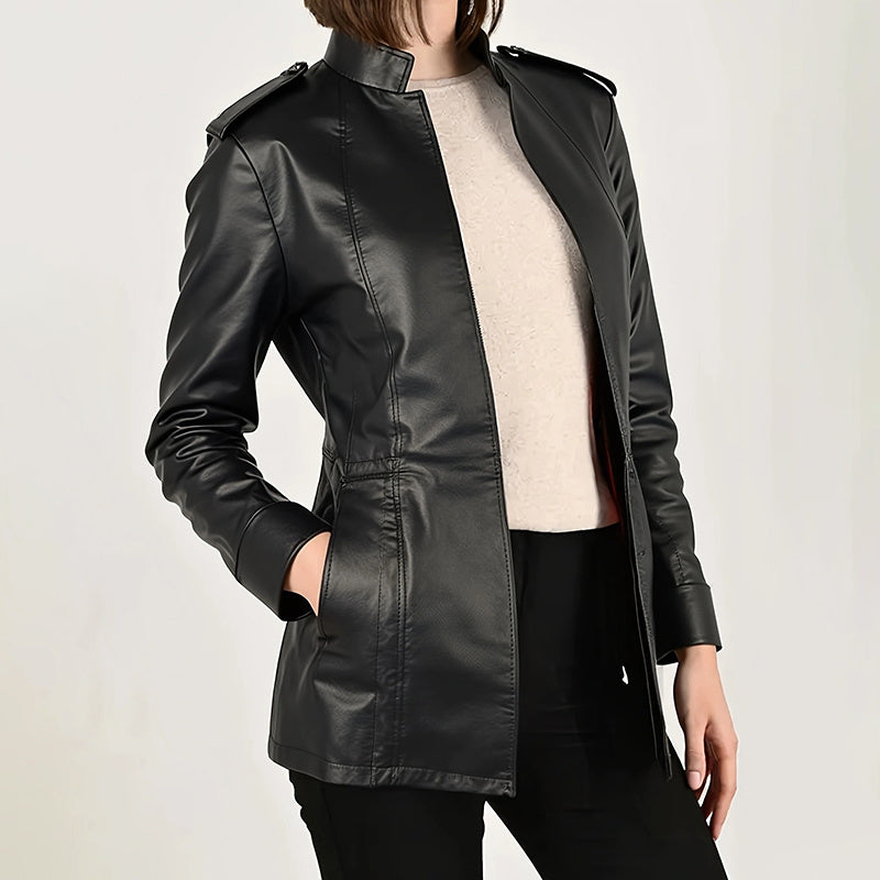 Mid-Length Open Cardigan Leather Coat