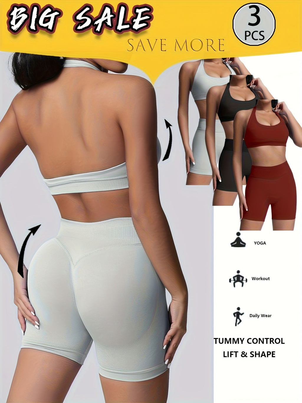 3-Pack Yoga Outfit  Sports Bra High-Waist Shorts  Quick-Dry