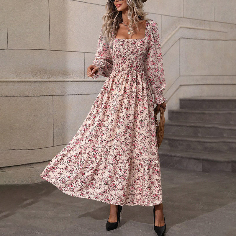 Square Neck Floral Dress Puff Sleeve Backless Maxi