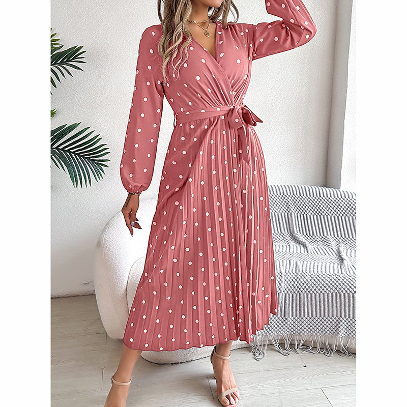 Polka Dot Maxi Dress - V-Neck Long Sleeve With Belt & Pleats