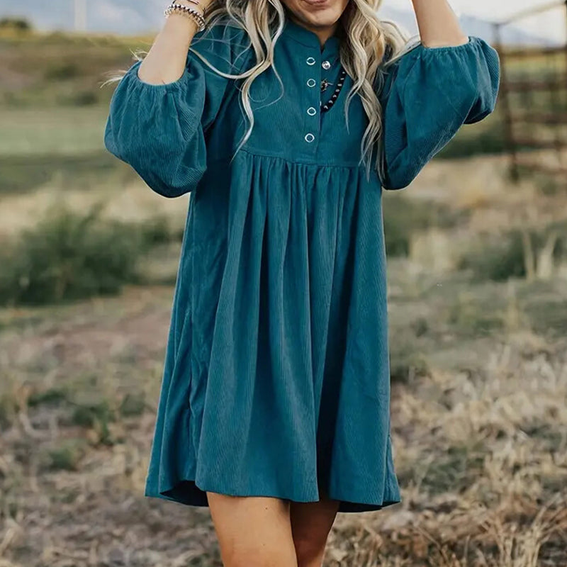 Corduroy Empire Waist, Button Up 3 4 Sleeve Mini Dress